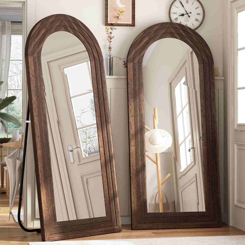 Arched Full Length Mirror with Ladder Shape Paulownia Frame