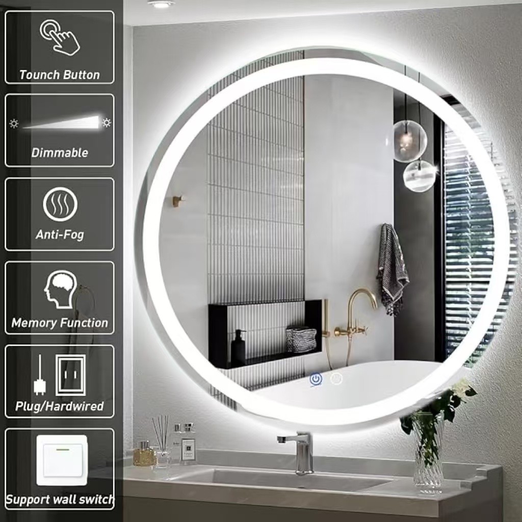 Round smart LED bathroom mirror with integrated lighting for sample evaluation