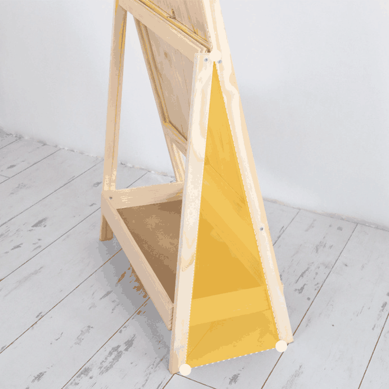 Rear wooden support and metal folding hinge details on an easel floor mirror
