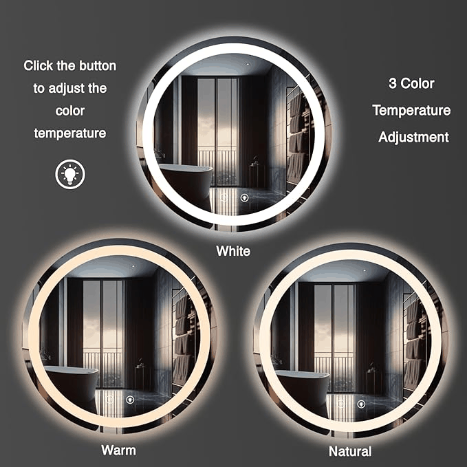 Round LED bathroom mirror displaying touch control and three lighting colors